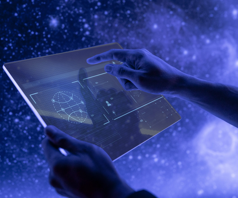 Researcher using a transparent digital tablet screen futuristic technology